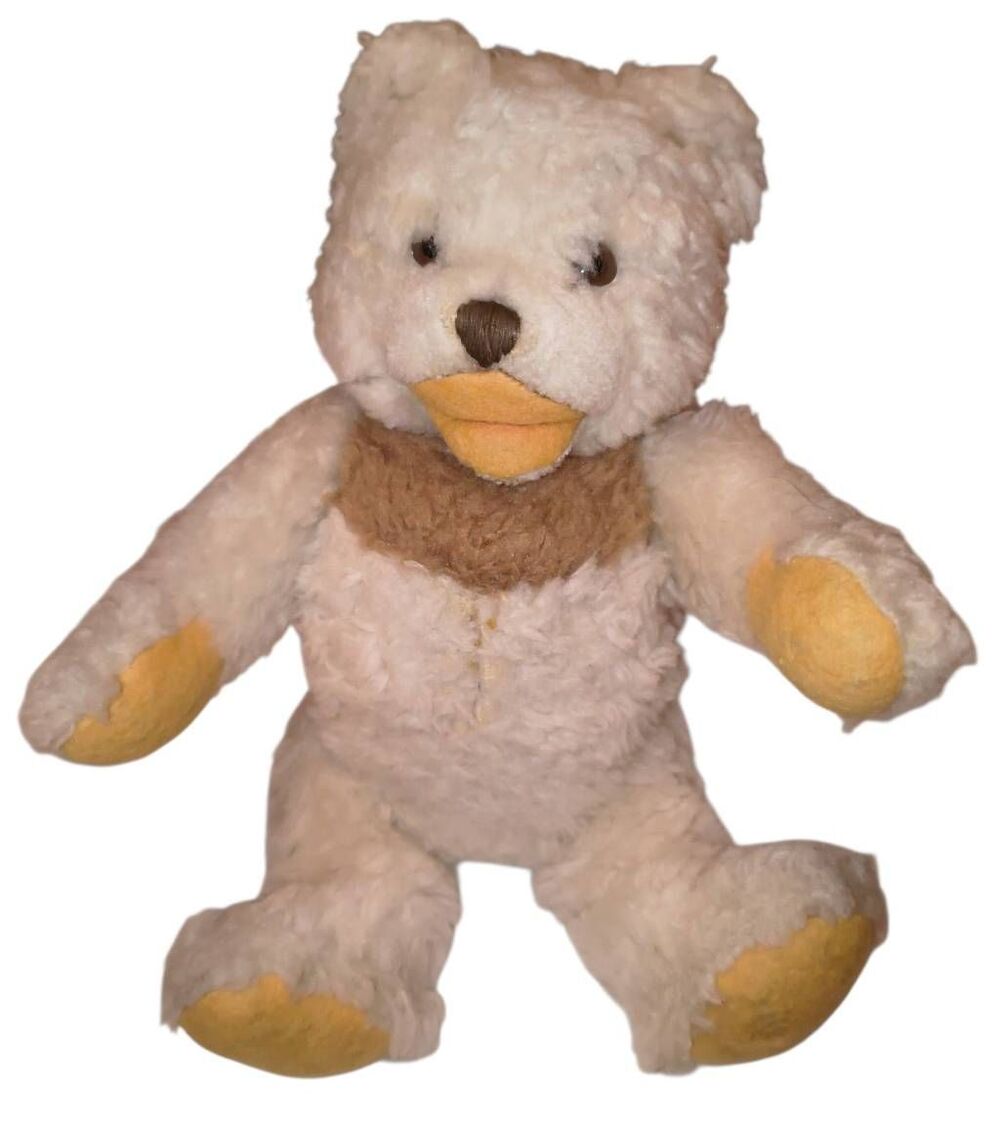 Vintage plush toy Bear unique stitched mouth embroidered nose textured cream bei